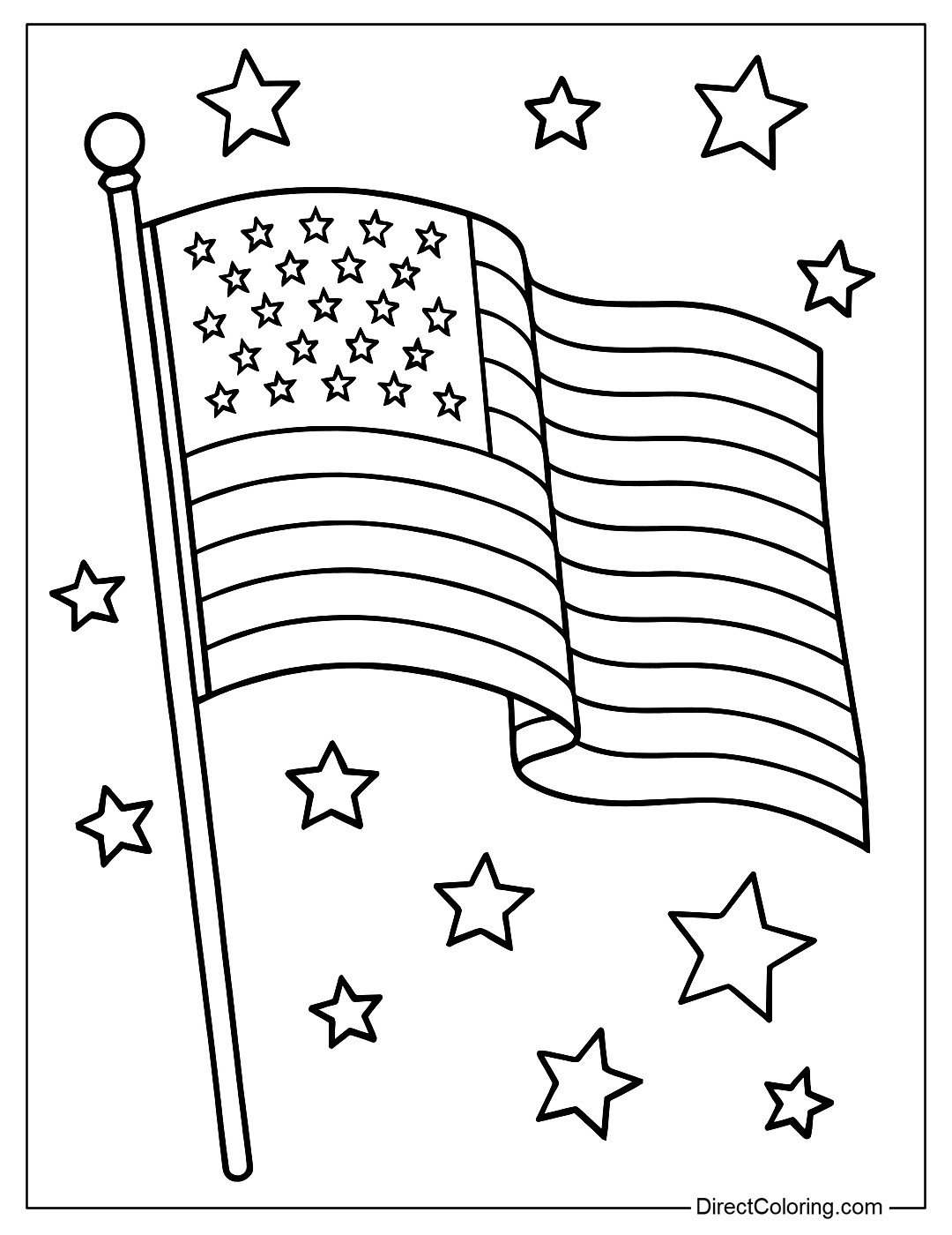 Coloring page of a single American flag flying, with a star pattern around it.